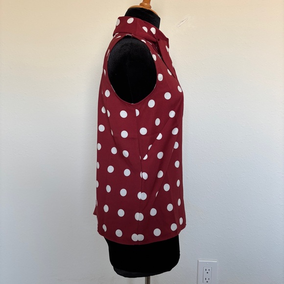 Ann Taylor Burgundy Polka Dot Sleeveless Blouse with Neck Tie - Picture 3 of 8